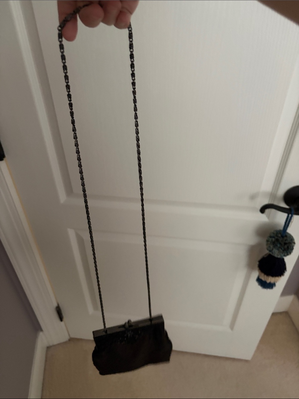 Vintage-Inspired Brown Beaded Sateen Evening Bag with Long Chain Strap - Picture 7 of 7